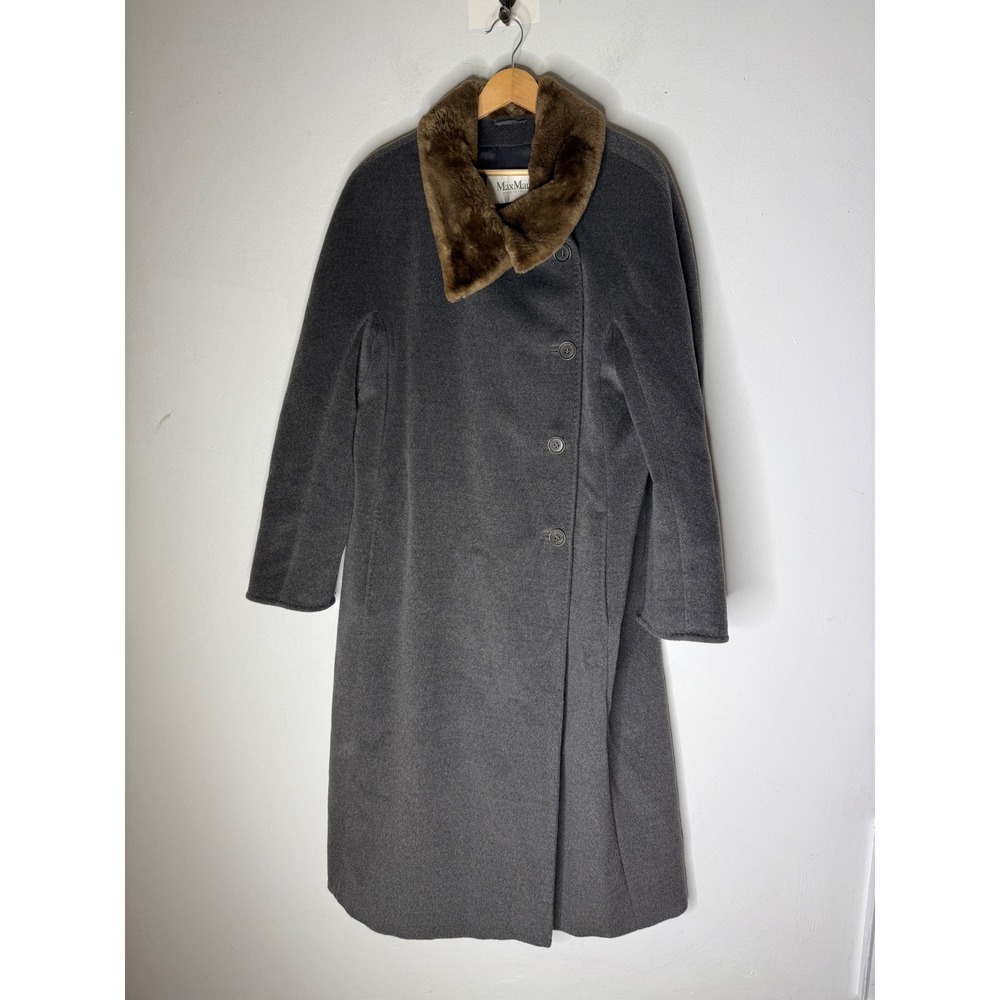 Max Mara Gray Wool Cashmere Blend Long Coat Faux Fur Collar Made in Italy 12
